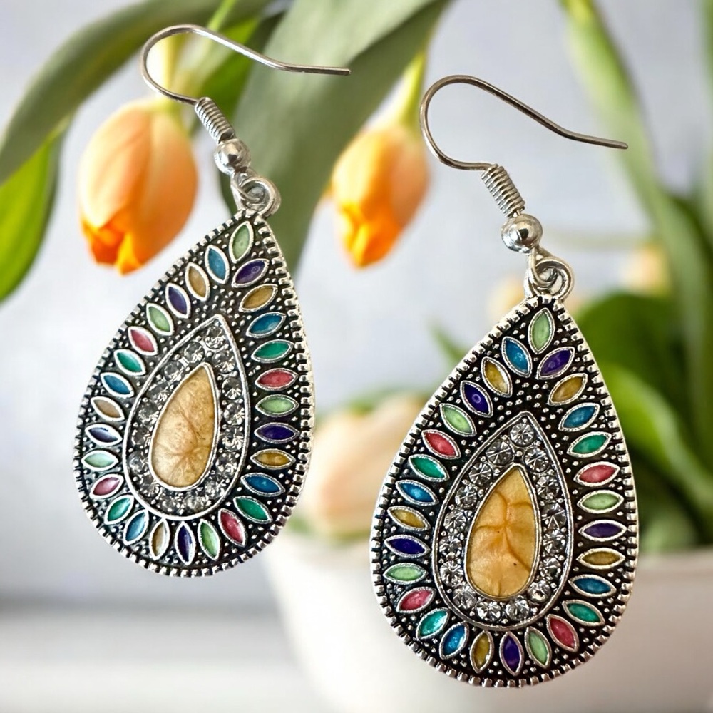 BOHO Silver Earrings Rhinestone Earrings Silver Drop Earrings Teardrop Earrings - Picture 6 of 9